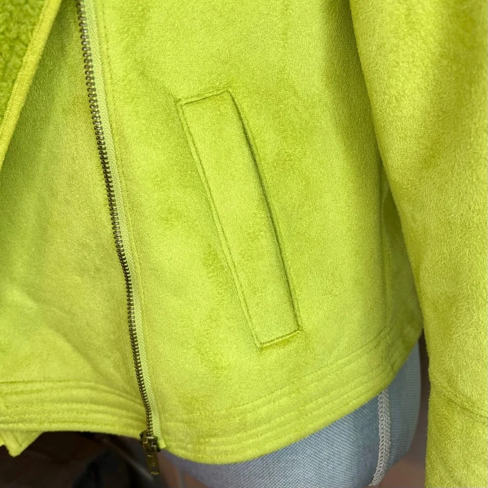 Kial Lime Green Faux Suede Sherpa Statement Moto Jacket - Picture 6 of 7